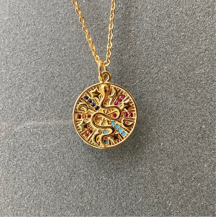 Gold Snake Medallion Rainbow  Diamonds - Gaia Luna